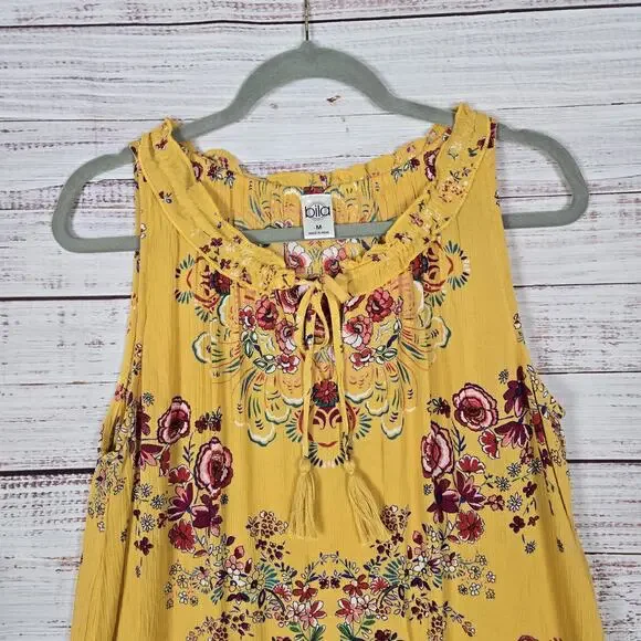 Bila Dress Womens Medium Yellow Floral Boho Sleeveless Ruffle Tiered Tunic Top - Picture 3 of 8